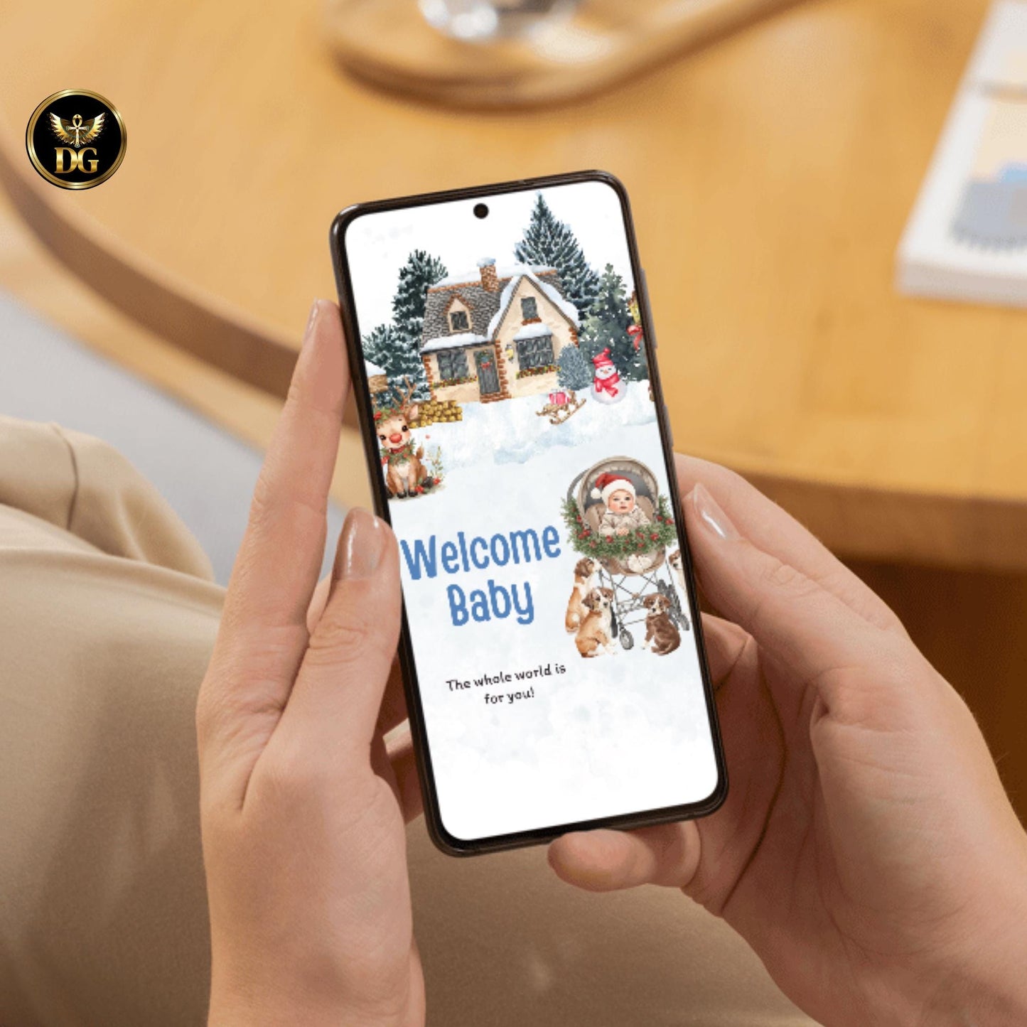 Newborn Baby Christmas Invitation | Digital Baby Shower Card | Winter Snow Theme | Cute Baby in Pram with Puppies | Editable Template