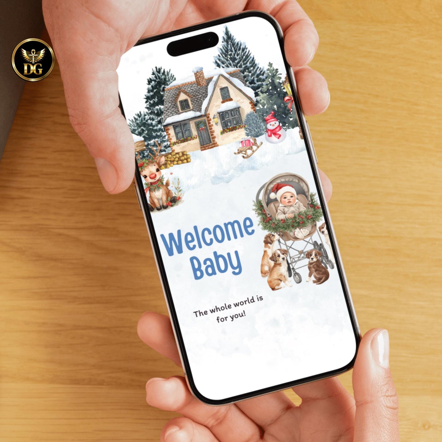 Newborn Baby Christmas Invitation | Digital Baby Shower Card | Winter Snow Theme | Cute Baby in Pram with Puppies | Editable Template