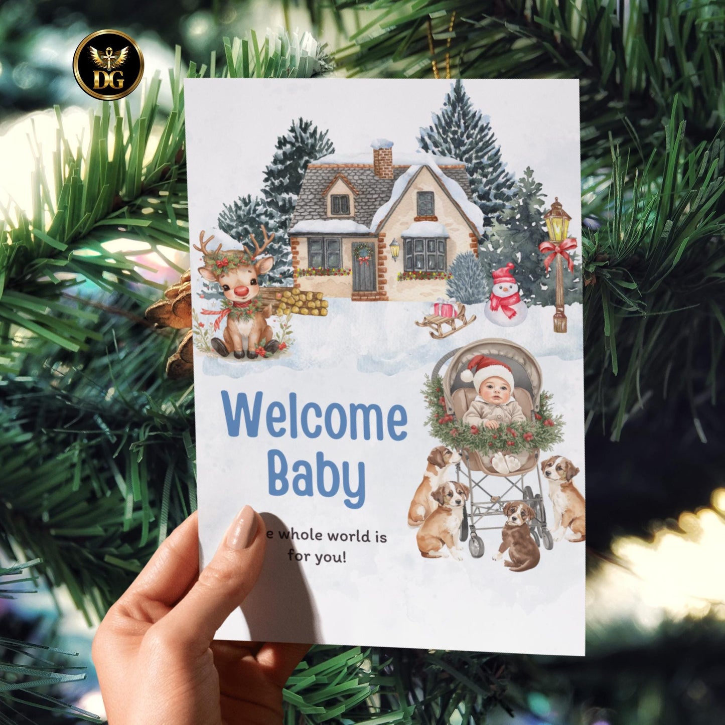 Newborn Baby Christmas Invitation | Digital Baby Shower Card | Winter Snow Theme | Cute Baby in Pram with Puppies | Editable Template