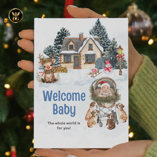 Newborn Baby Christmas Invitation | Digital Baby Shower Card | Winter Snow Theme | Cute Baby in Pram with Puppies | Editable Template