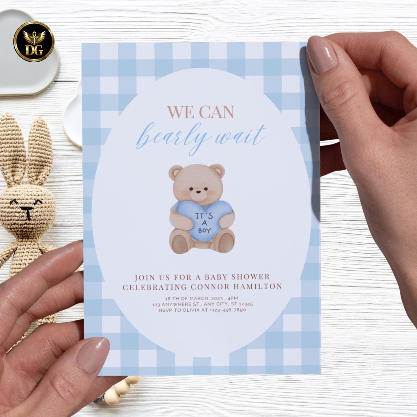 We Can Bearly Wait Baby Shower Invite Gingham Blue, Boho Teddy Bear Invitation, Minimalist Baby Shower Invite Bear Baby Sprinkle Baby Shower