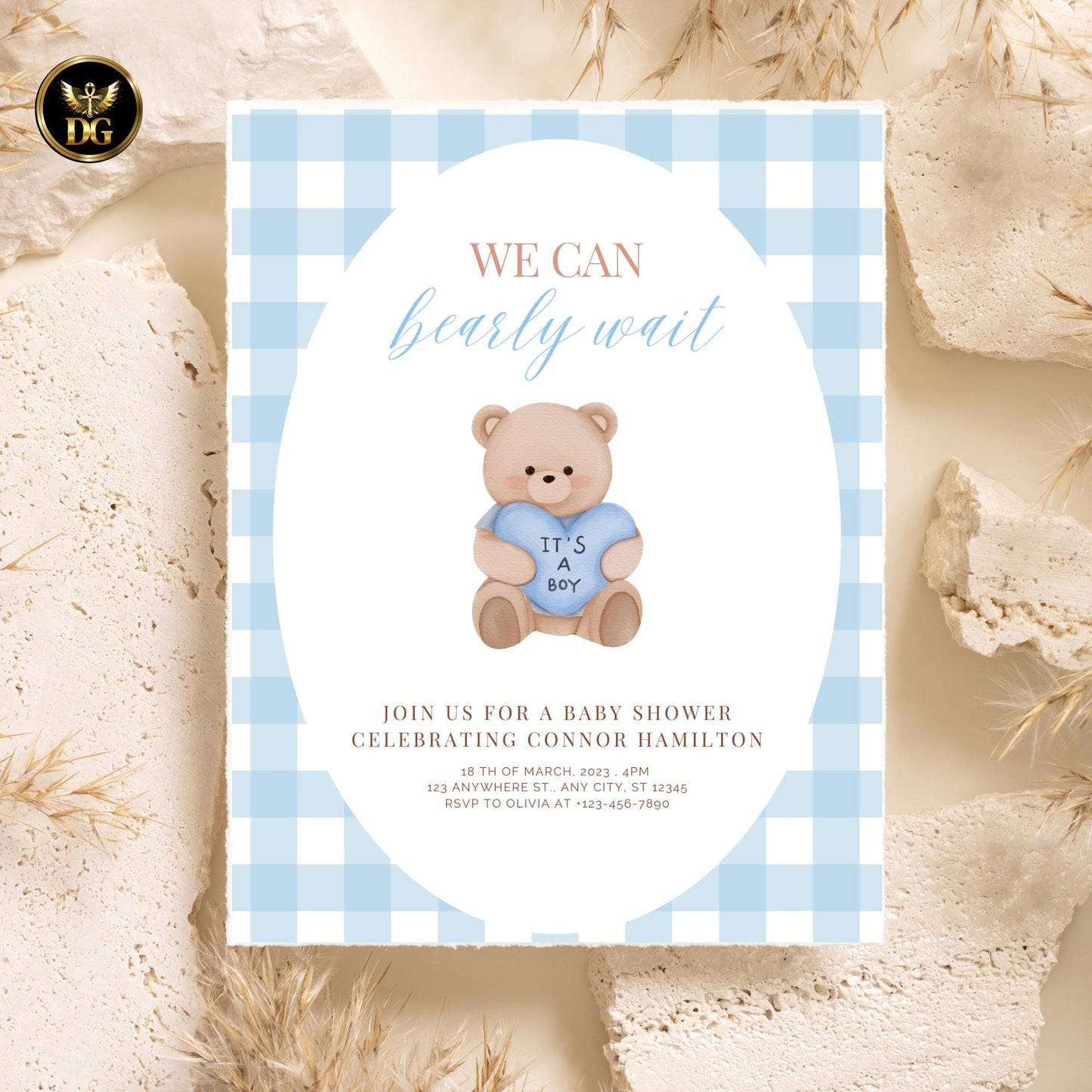 We Can Bearly Wait Baby Shower Invite Gingham Blue, Boho Teddy Bear Invitation, Minimalist Baby Shower Invite Bear Baby Sprinkle Baby Shower