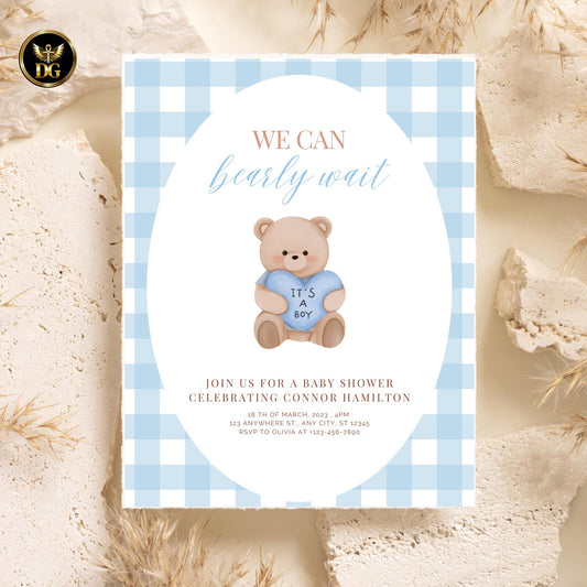 We Can Bearly Wait Baby Shower Invite Gingham Blue, Boho Teddy Bear Invitation, Minimalist Baby Shower Invite Bear Baby Sprinkle Baby Shower