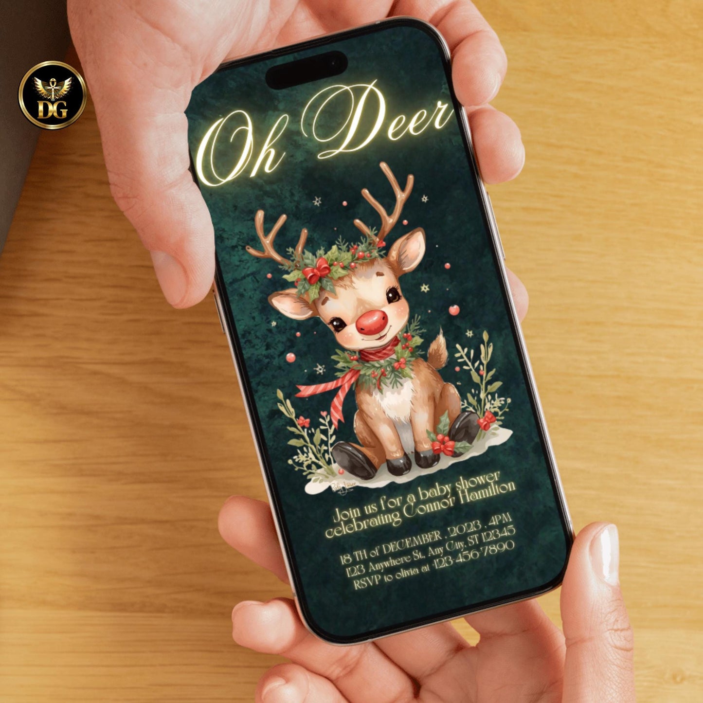 Oh Deer! Christmas Baby Shower Invitation, Emerald Green Velvet Reindeer Holiday Invite, Digital 1080x1920 & Printable 5x7 Template