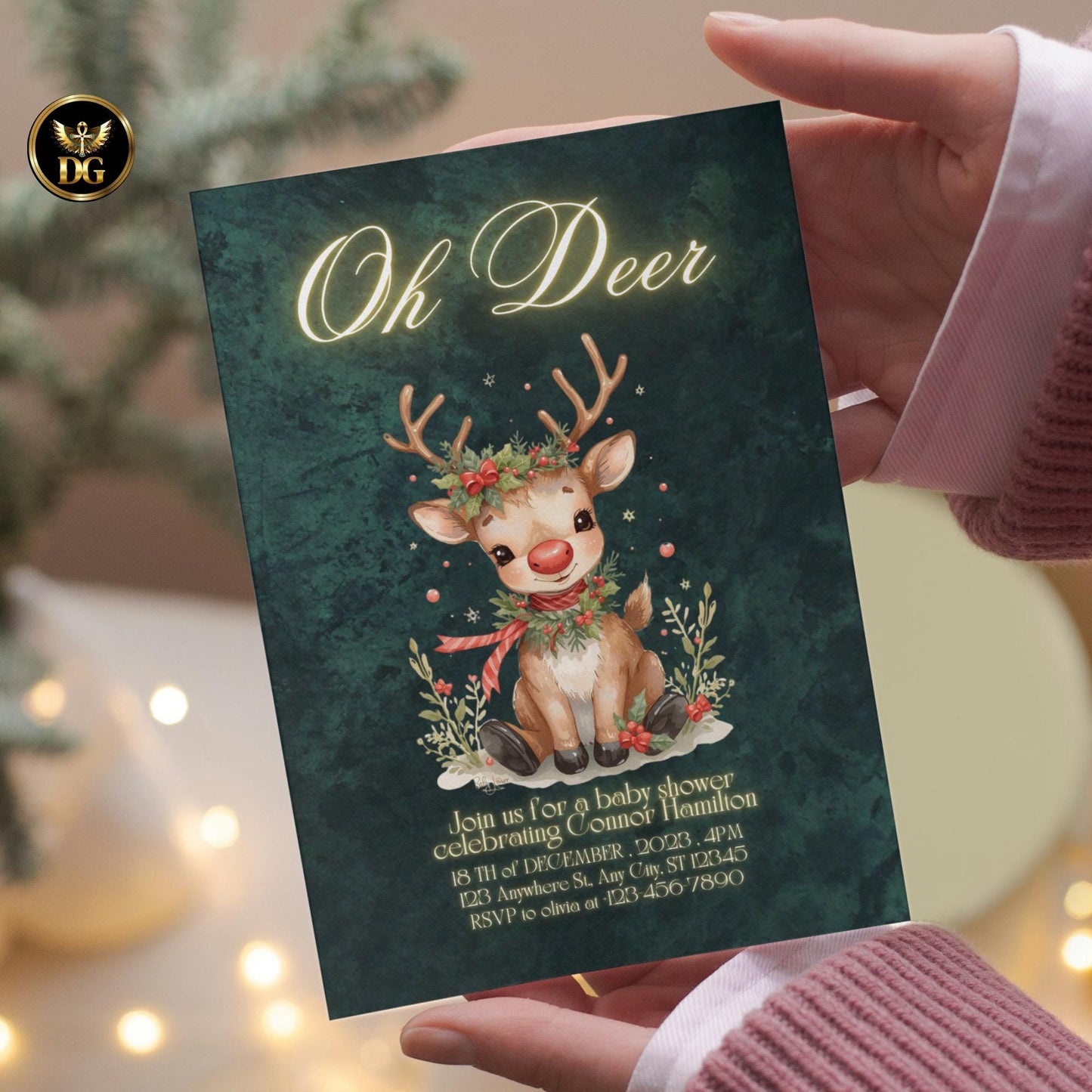 Oh Deer! Christmas Baby Shower Invitation, Emerald Green Velvet Reindeer Holiday Invite, Digital 1080x1920 & Printable 5x7 Template