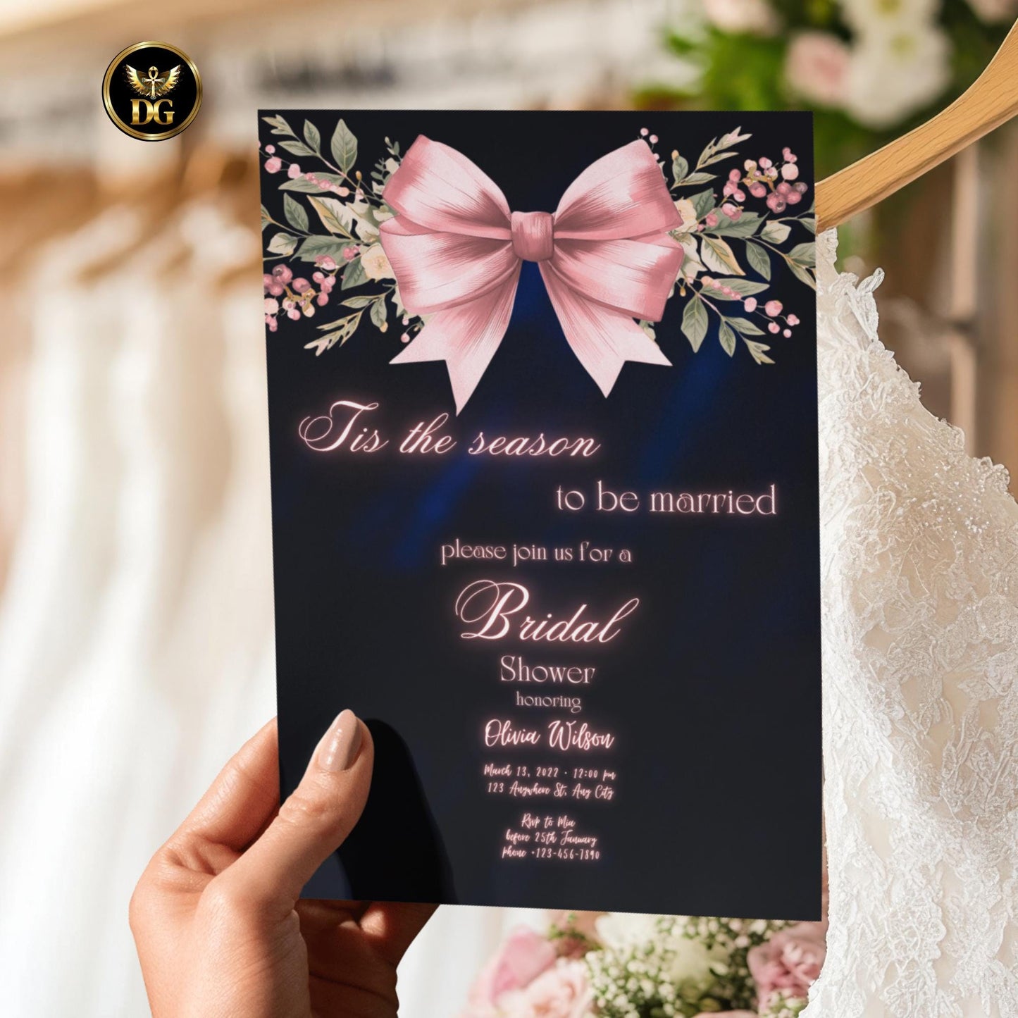 Tis The Season to Be Married Bridal Shower Invite - Navy Velvet, Pink Bow & Roses, Canva Editable, 7x5 Print, 1080x1920 Digital