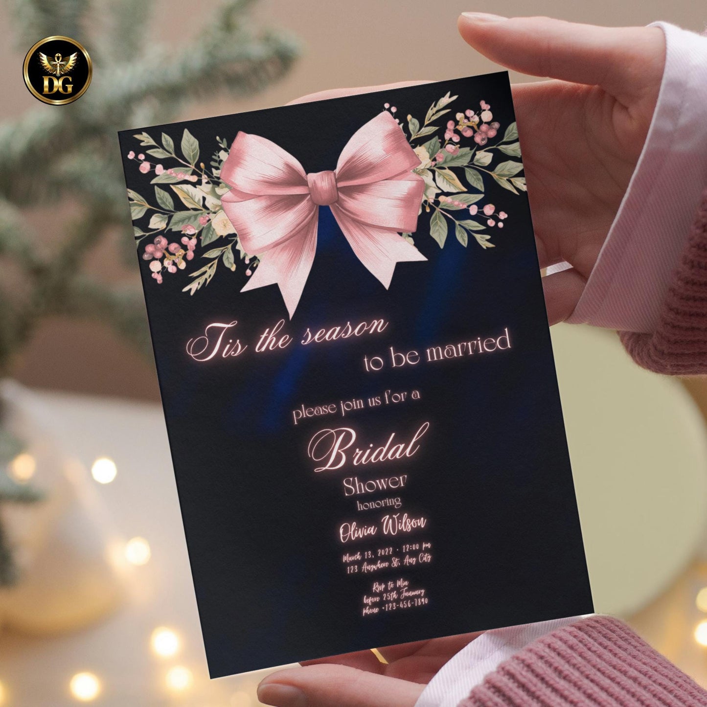 Tis The Season to Be Married Bridal Shower Invite - Navy Velvet, Pink Bow & Roses, Canva Editable, 7x5 Print, 1080x1920 Digital