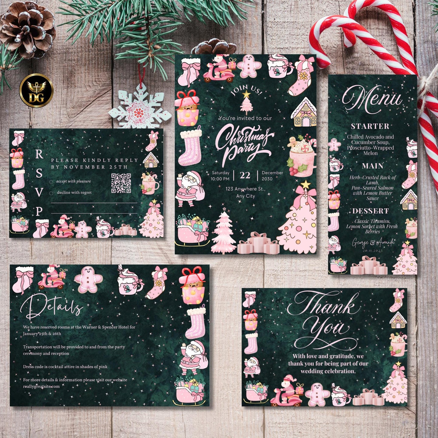 Emerald Green Velvet Christmas Invitation Set | Pink Gold Elegant Canva Template | Matching Tags & Cupcake Toppers