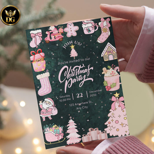 Emerald Green Velvet Christmas Invitation Set | Pink Gold Elegant Canva Template | Matching Tags & Cupcake Toppers