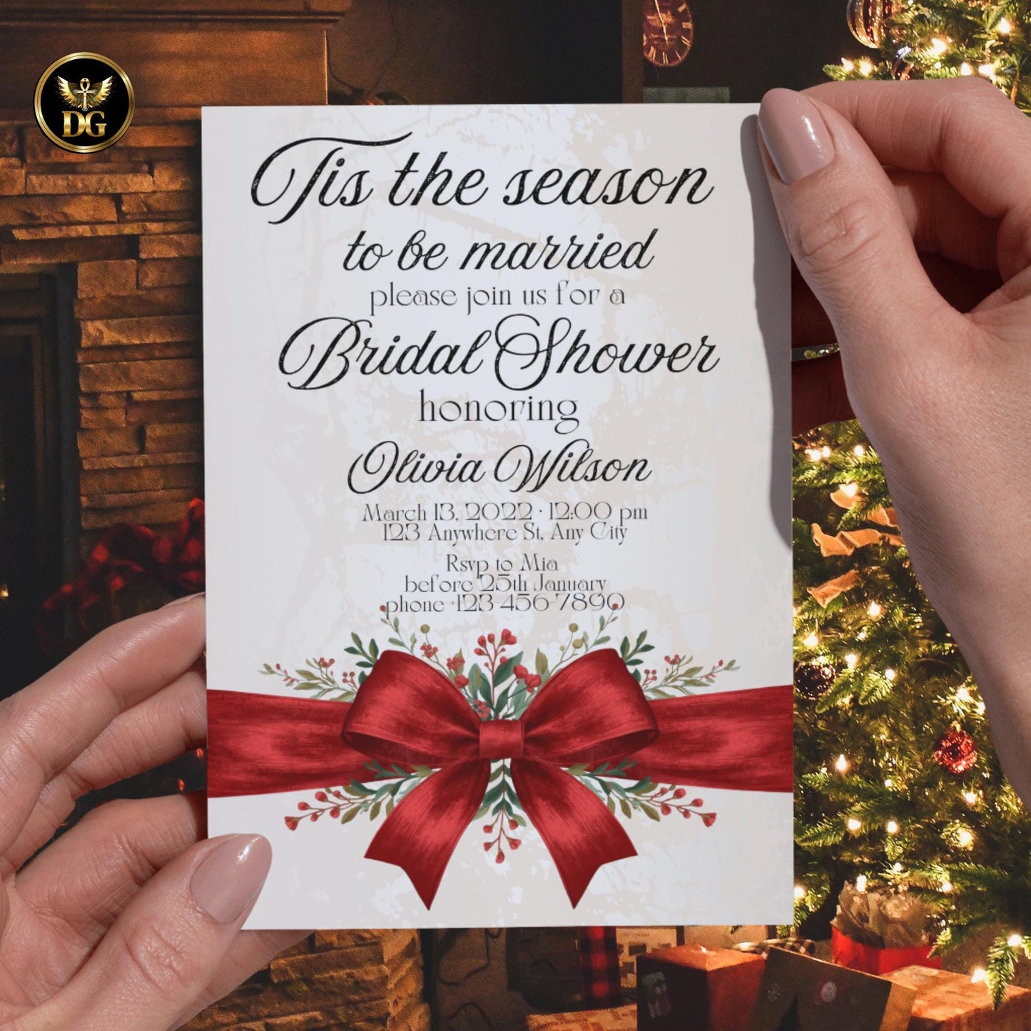 Tis The Season to Be Married Bridal Shower Bundle - Cream Gold, Red Bow, Canva Editable, 7x5 Print, 1080x1920 Digital, Xmas Wedding