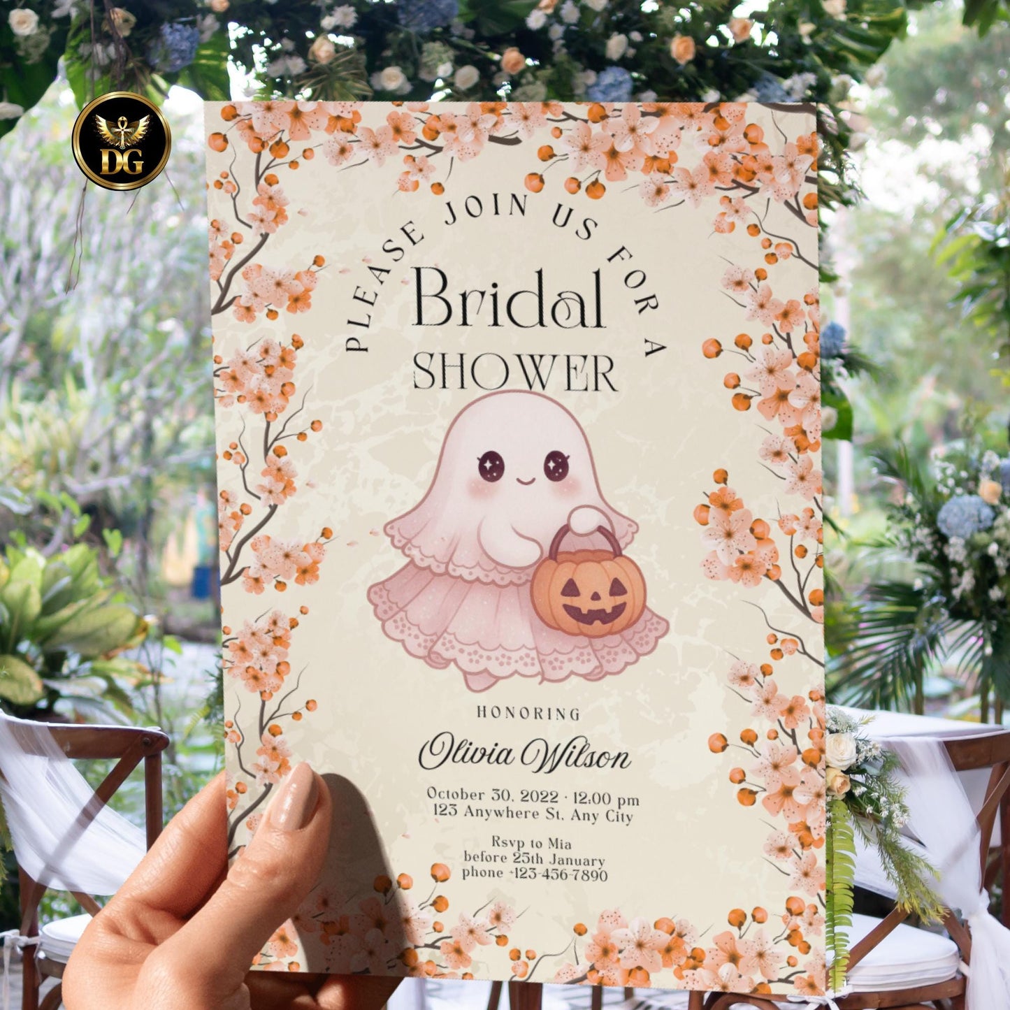 Elegant Fall Bridal Shower Invitation Set | Beige Lace Bride With Pumpkin | Cream Gold Watercolor | Editable Canva Template