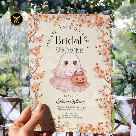 Elegant Fall Bridal Shower Invitation Set | Beige Lace Bride With Pumpkin | Cream Gold Watercolor | Editable Canva Template