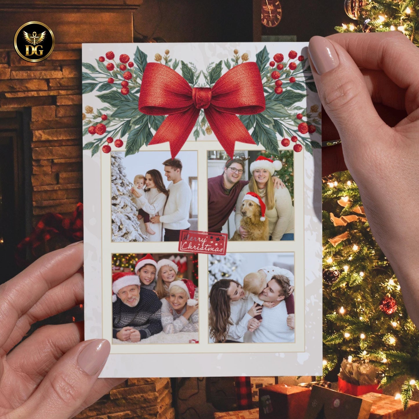 Botanical Christmas Photo Card Template, Family Holiday Card with Red Bow, Red Berries, Cream Gold Editable Canva Digital Download