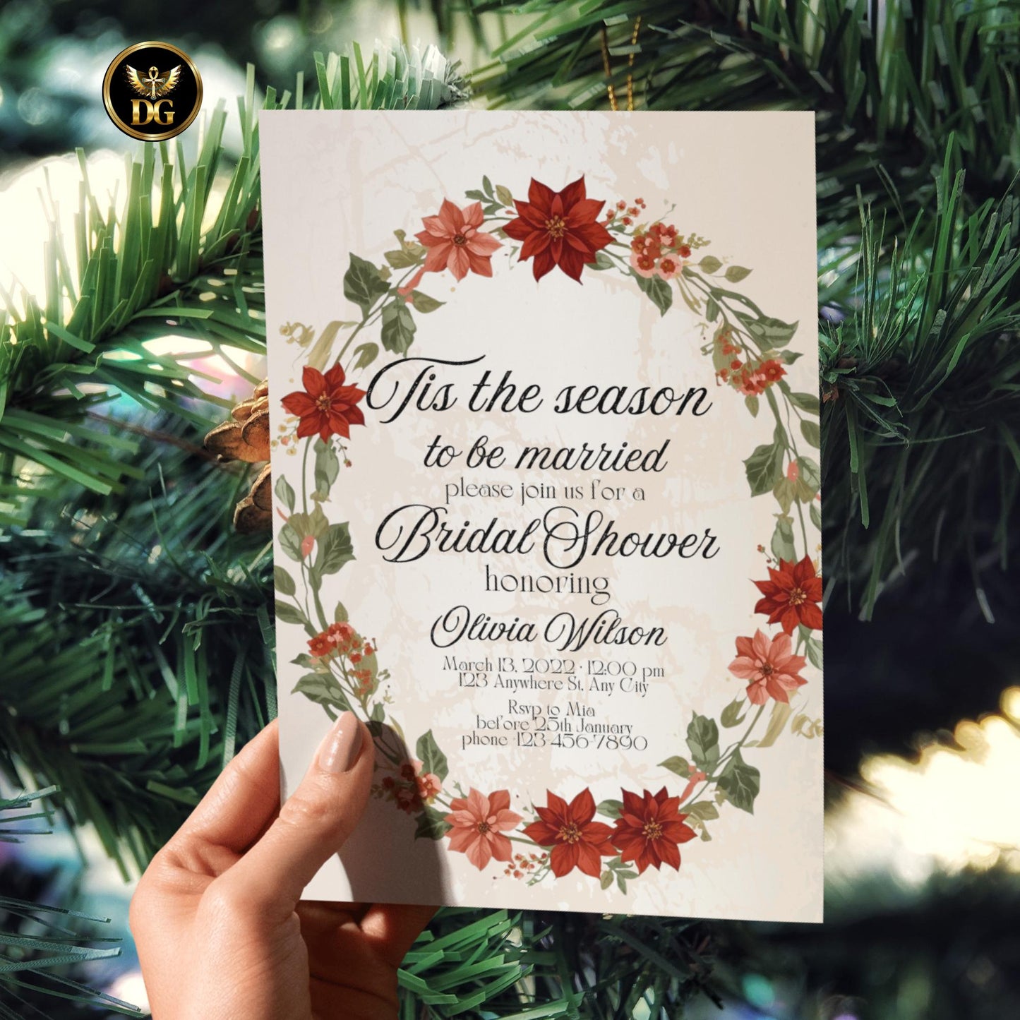 Elegant 'Tis the Season' Bridal Shower Suite | Cream Gold & White Floral Wreath | Editable Canva Template