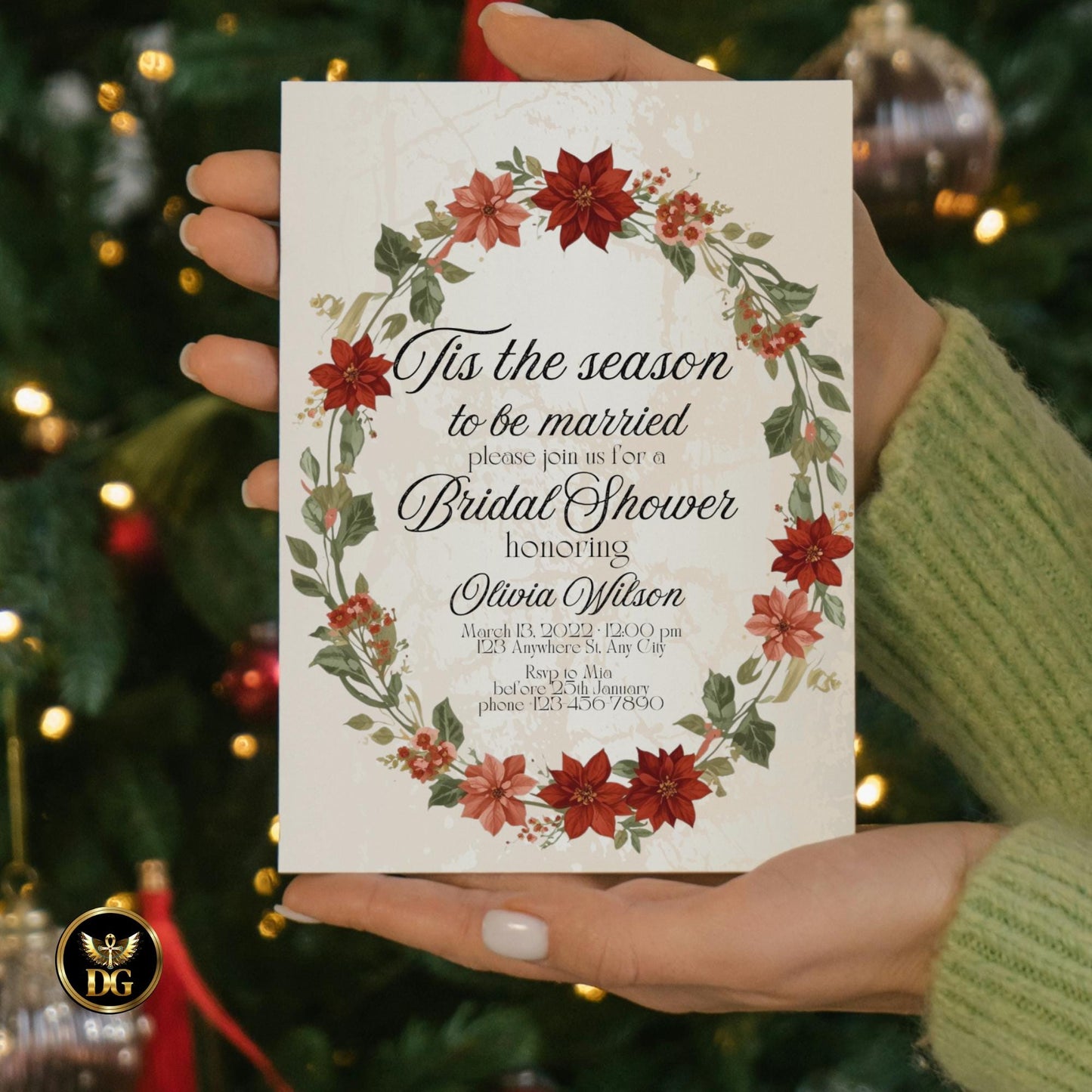 Elegant 'Tis the Season' Bridal Shower Suite | Cream Gold & White Floral Wreath | Editable Canva Template