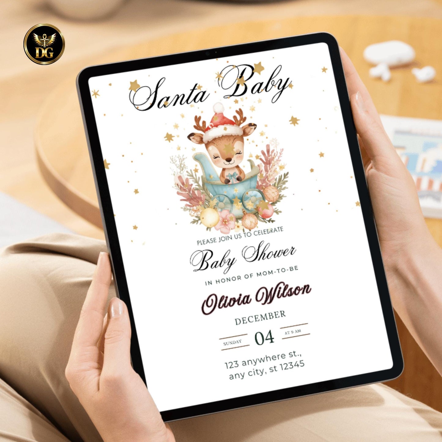 Christmas Baby Shower Invitation | Baby Reindeer in Sleigh | Editable Canva Template for Print & Digital