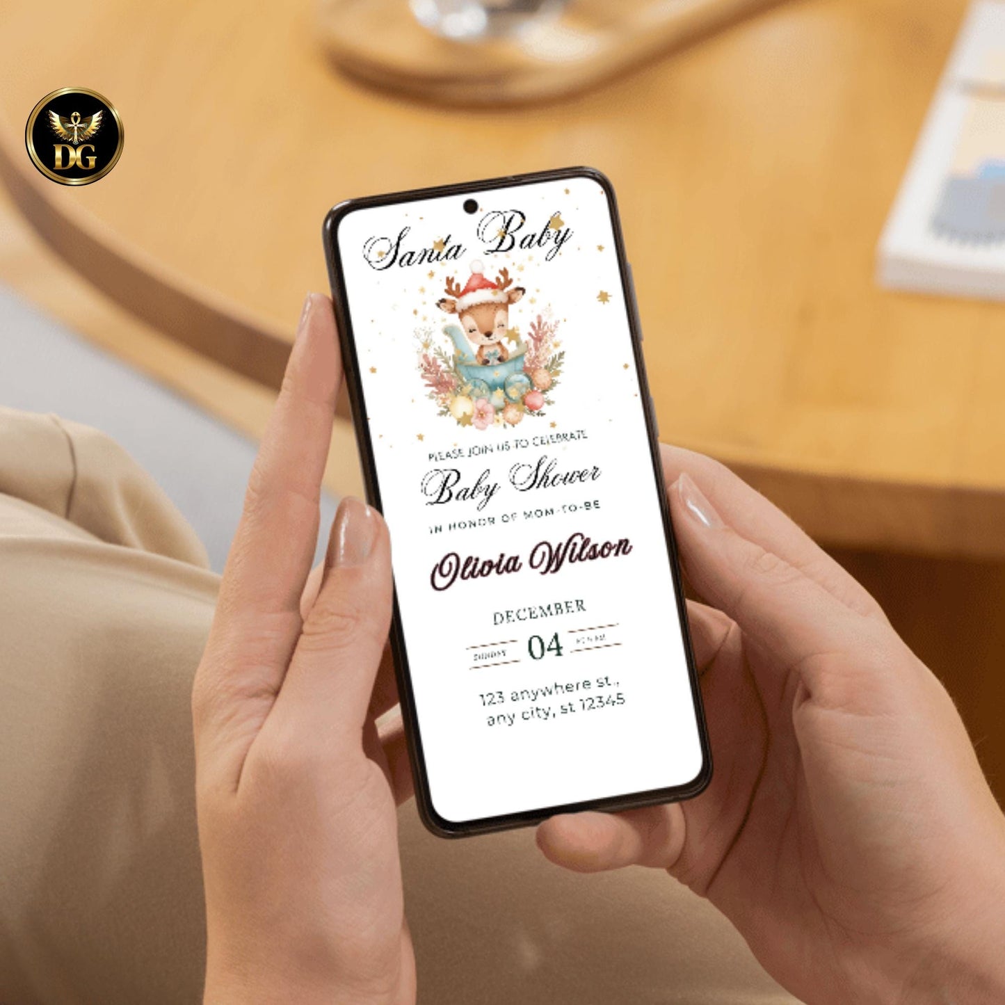 Christmas Baby Shower Invitation | Baby Reindeer in Sleigh | Editable Canva Template for Print & Digital