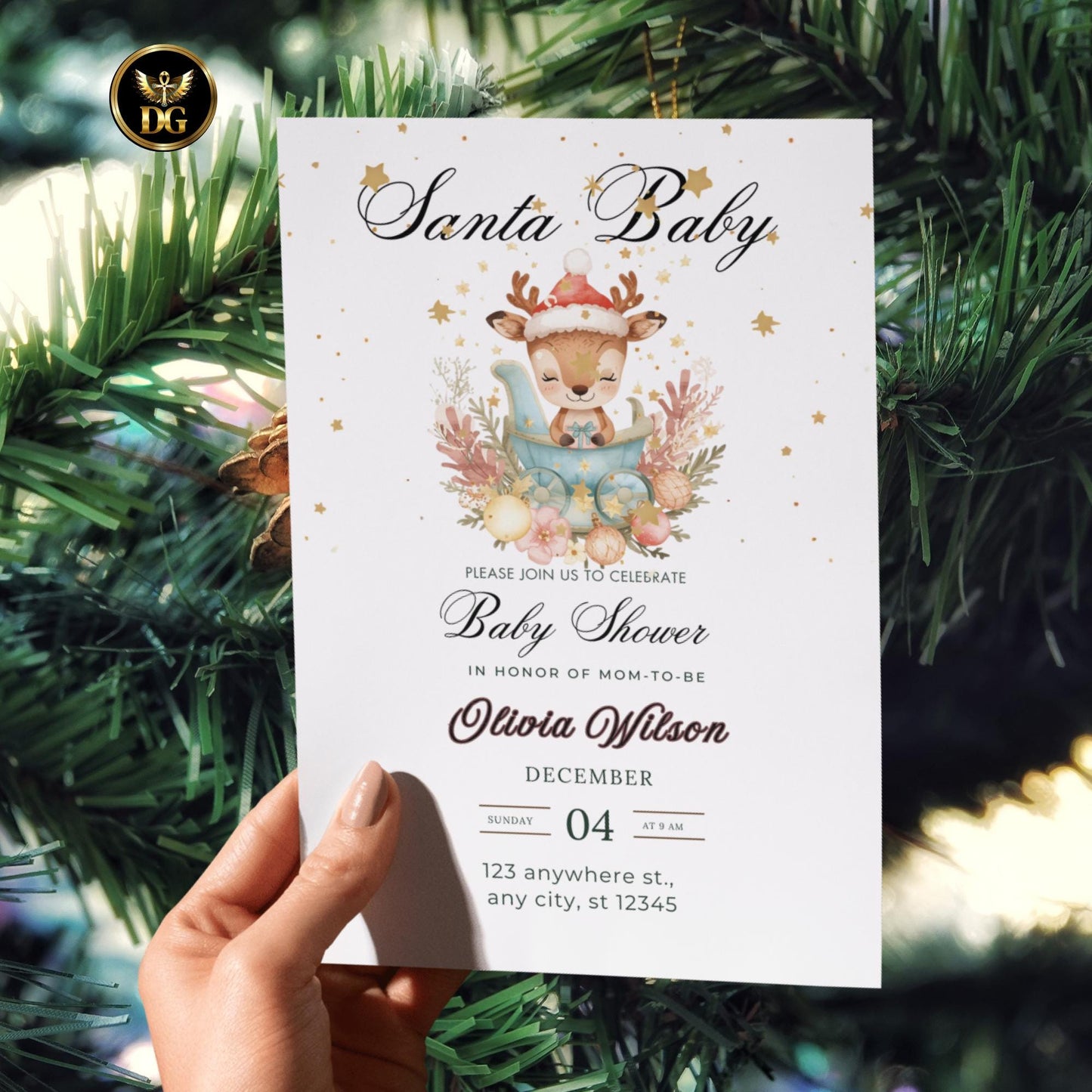 Christmas Baby Shower Invitation | Baby Reindeer in Sleigh | Editable Canva Template for Print & Digital