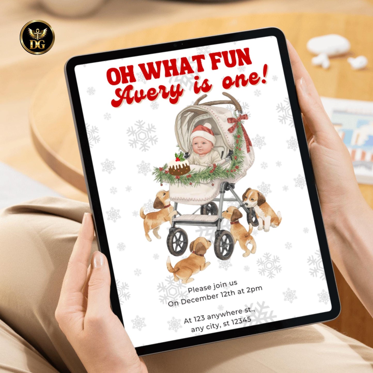 Christmas First Birthday Invitation | Baby in Santa Hat & Christmas Stroller | Editable Canva Template