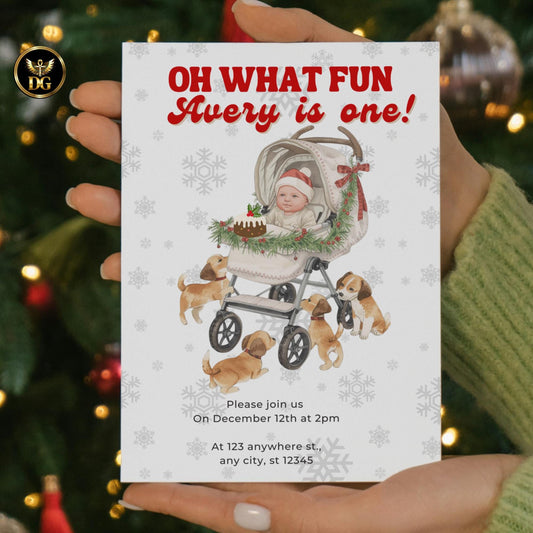 Christmas First Birthday Invitation | Baby in Santa Hat & Christmas Stroller | Editable Canva Template