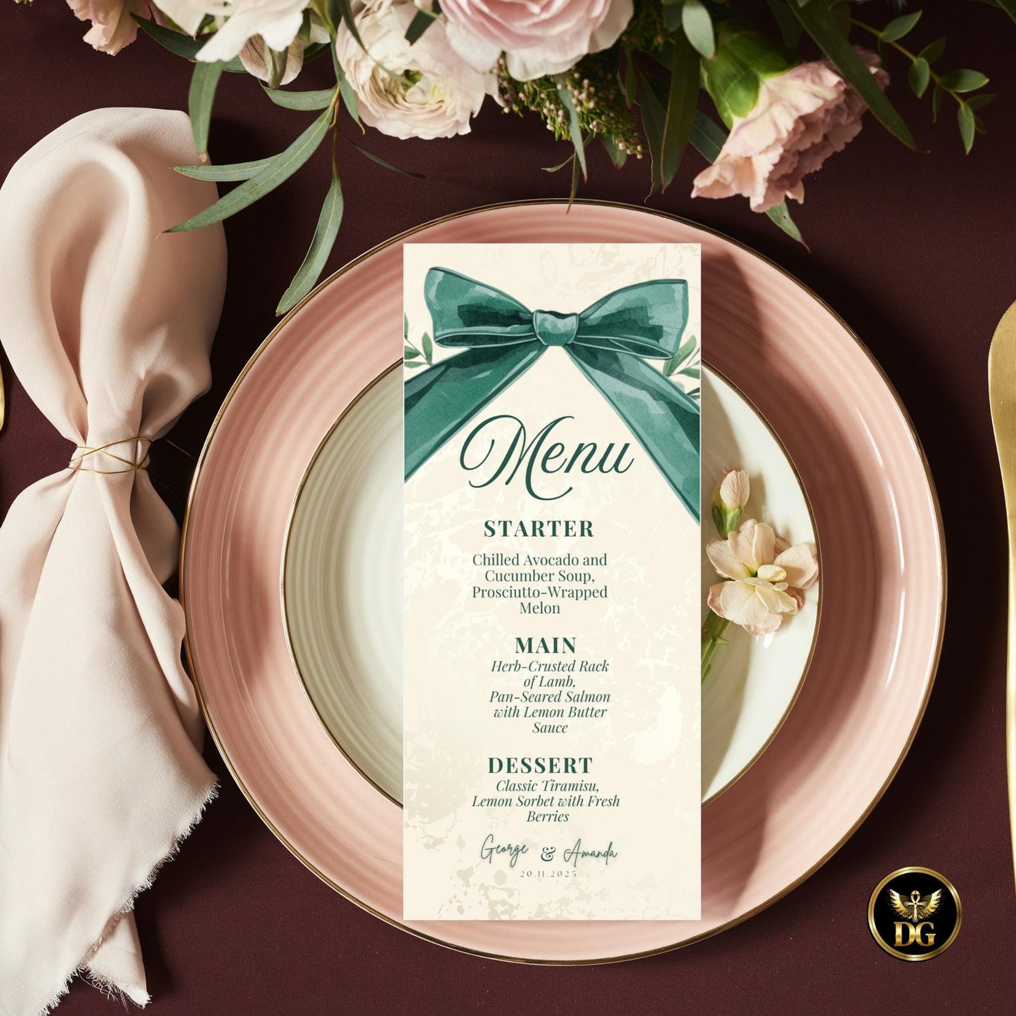 Elegant Cream Gold Christmas Invitation Set | Green Bow Holiday Canva Template | Matching Details, RSVP, Menu & Thank You Cards