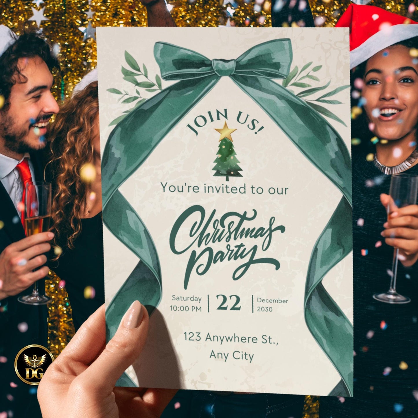 Elegant Cream Gold Christmas Invitation Set | Green Bow Holiday Canva Template | Matching Details, RSVP, Menu & Thank You Cards