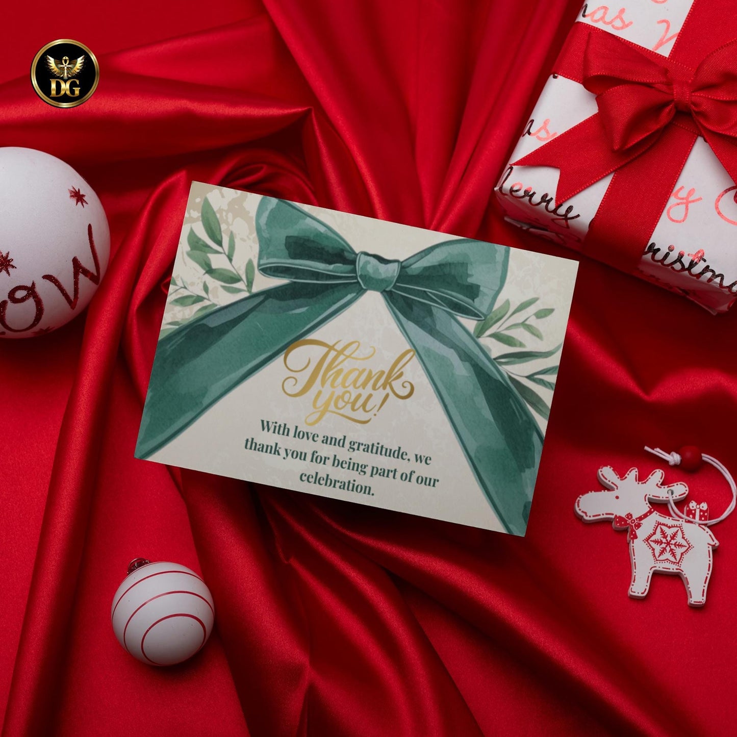Elegant Cream Gold Christmas Invitation Set | Green Bow Holiday Canva Template | Matching Details, RSVP, Menu & Thank You Cards