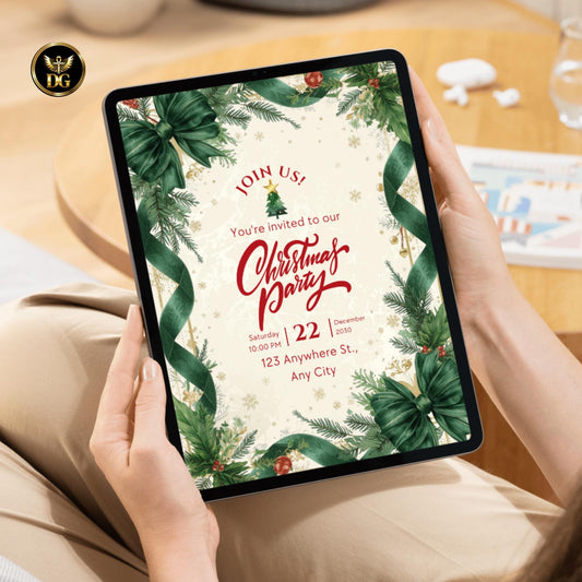 Luxury Dark Green Christmas Invitation Set | Elegant Cream Gold Canva Template with Menu, RSVP, Details & Thank You Cards