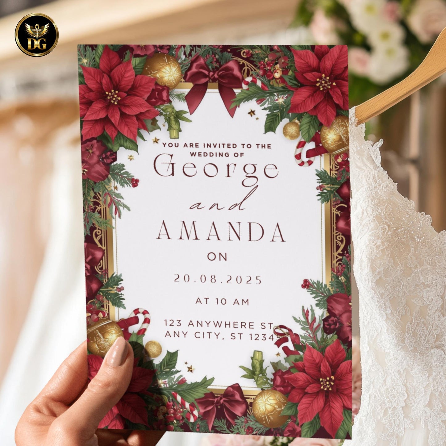 Elegant White Red Christmas Wedding Invitation Set | Luxury Canva Template with Gold Details, Menu, RSVP, Details & Thank You Cards