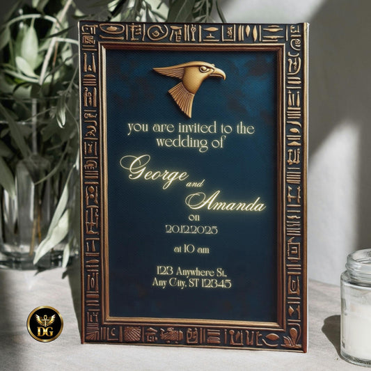 Luxury Egyptian Pharaoh Wedding Invitation | Hieroglyphic Gold Frame on Navy | Editable Canva Template