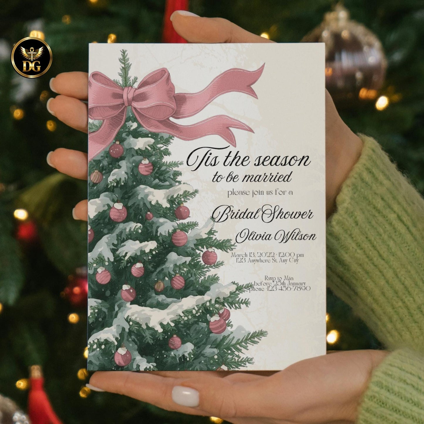 Tis The Season To Be Married Bridal Shower Invitation | Elegant Christmas Tree with Bow | Beige & Gold Canva Template