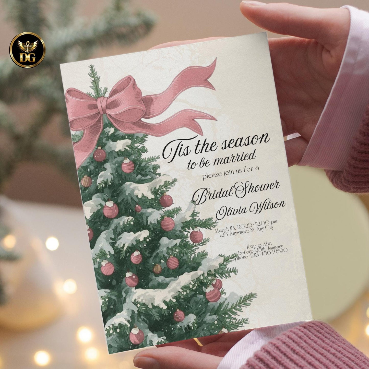Tis The Season To Be Married Bridal Shower Invitation | Elegant Christmas Tree with Bow | Beige & Gold Canva Template