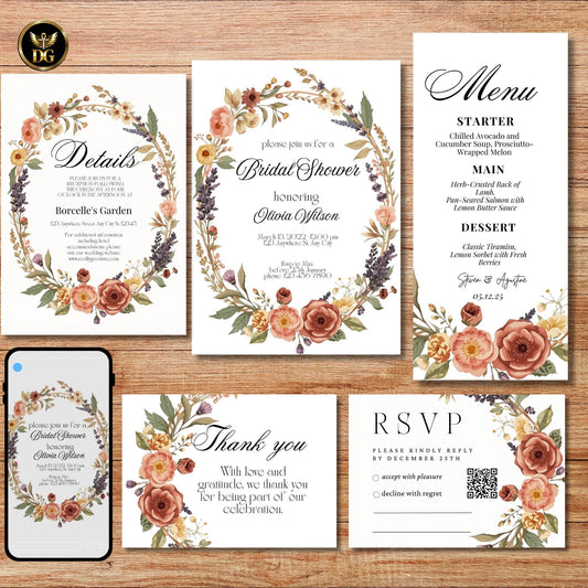 Elegant Evergreen Bridal Shower BUNDLE  Delicate Floral Wreath on White  Invitation, RSVP, Details, Menu, Thank You  Editable Canva Template