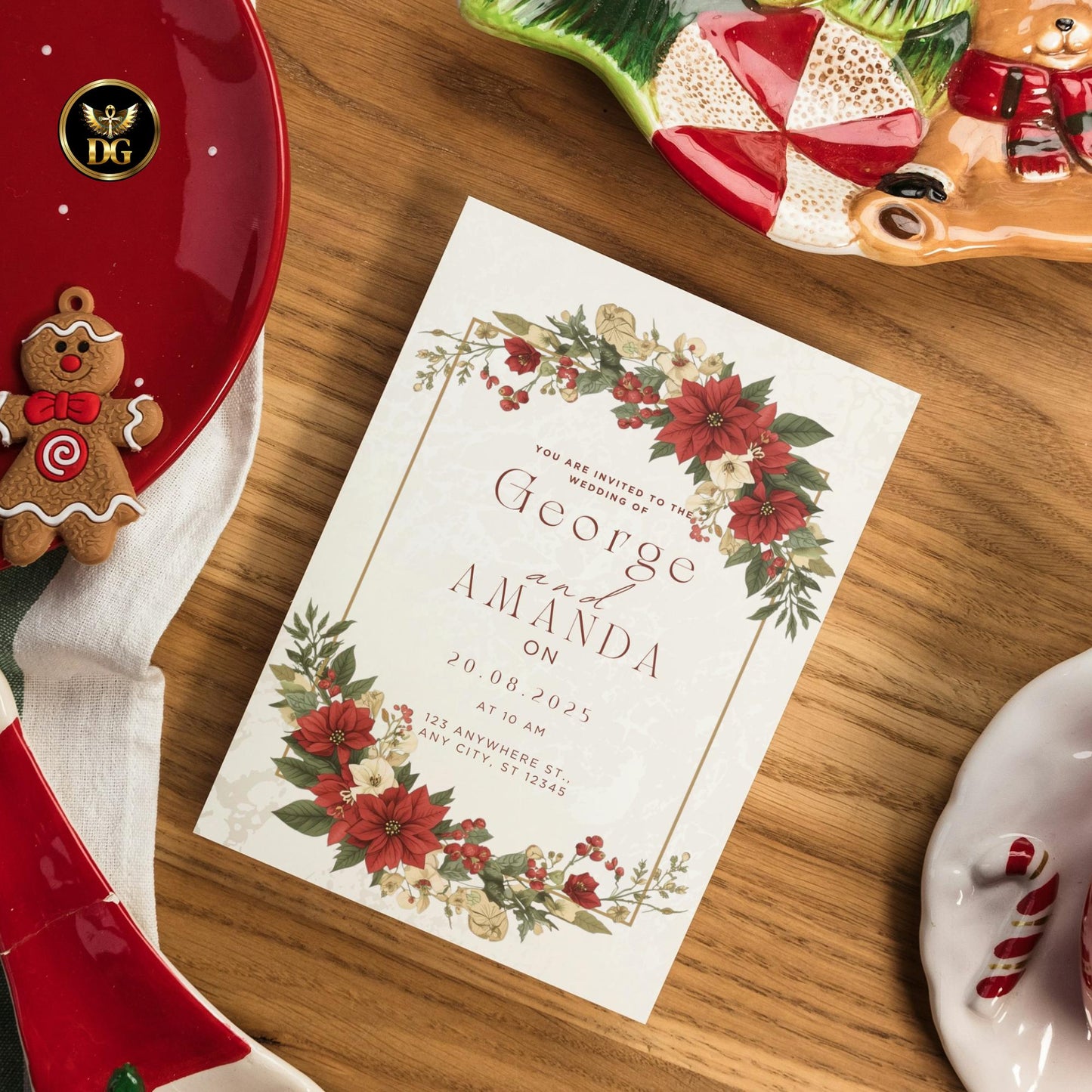 Luxurious 7-Card Wedding Invitation Bundle with Editable Bride Groom Card RSVP Thank You Details Menu and Christmas Floral Gold Frame Design