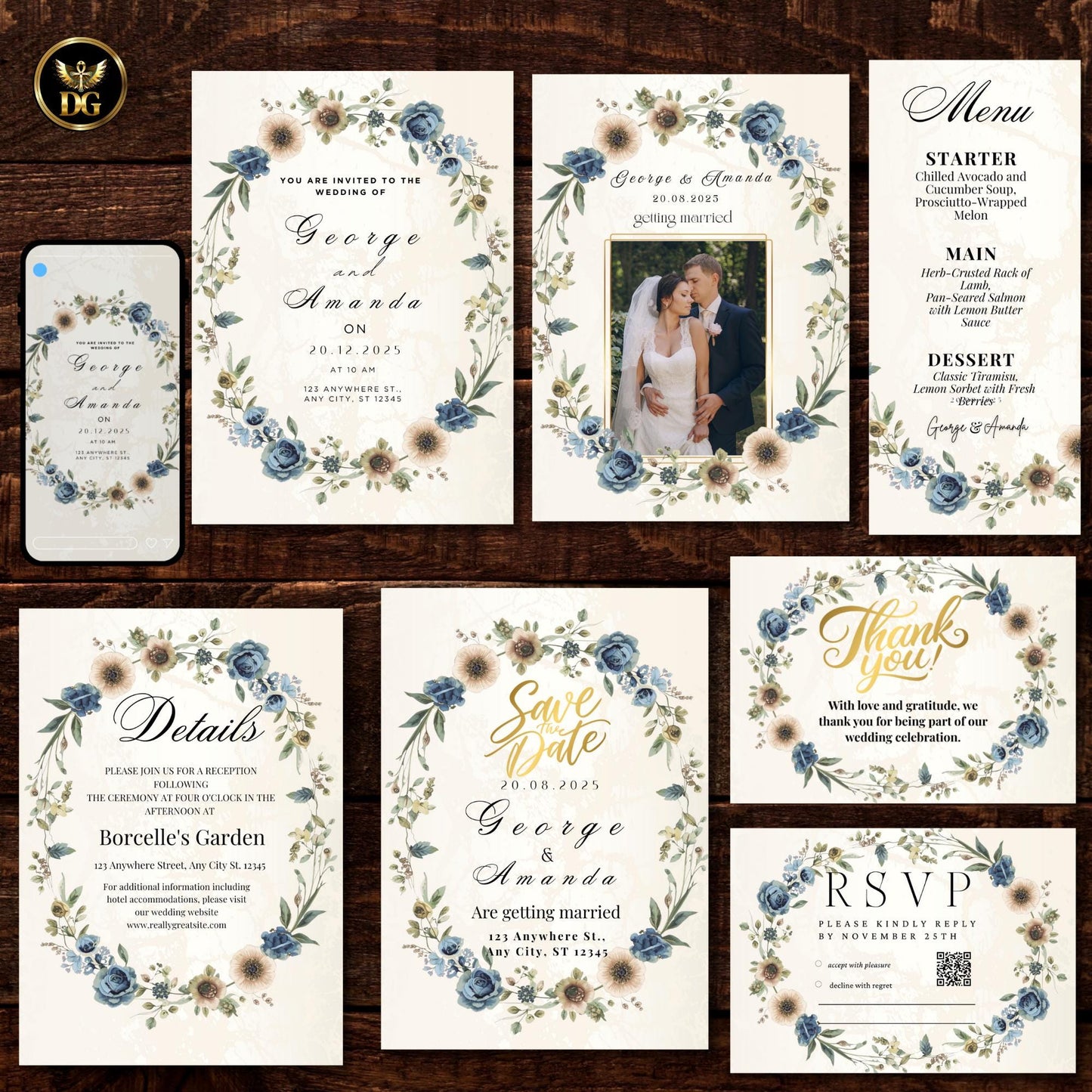 Cream Gold Blue Wedding Invitation Suite BUNDLE, Elegant Floral Wreath Set Save the Date Menu Details RSVP Thank You Editable Canva Template