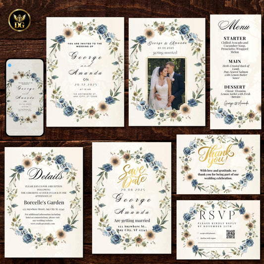 Cream Gold Blue Wedding Invitation Suite BUNDLE, Elegant Floral Wreath Set Save the Date Menu Details RSVP Thank You Editable Canva Template