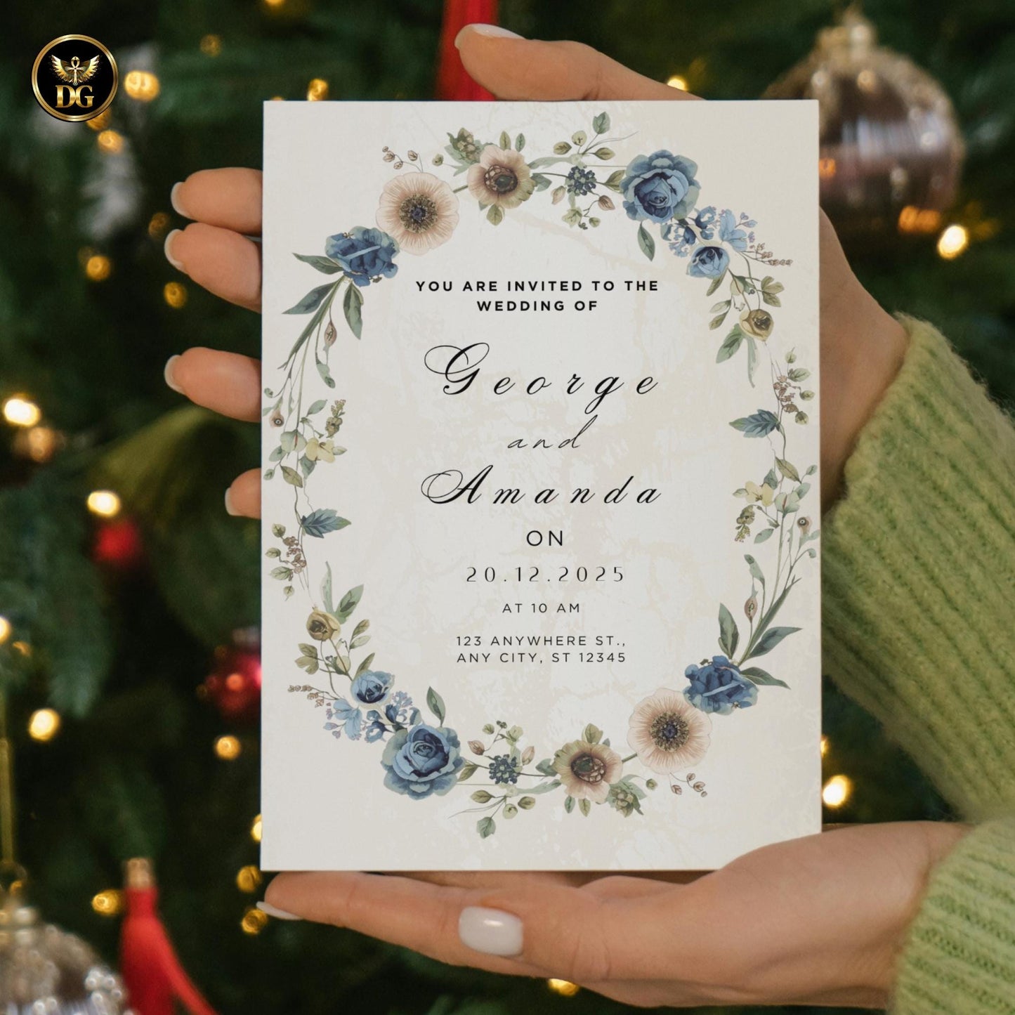 Cream Gold Blue Wedding Invitation Suite BUNDLE, Elegant Floral Wreath Set Save the Date Menu Details RSVP Thank You Editable Canva Template