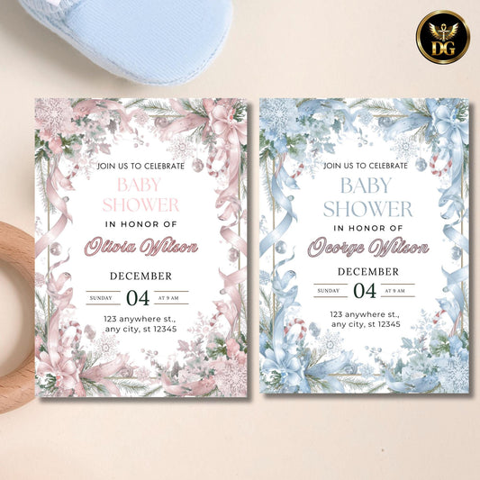 Luxurious Christmas Frame Baby Shower Invitation Bundle – Pink Girl & Boy Sets with Books for Baby, Diaper Refill Cards