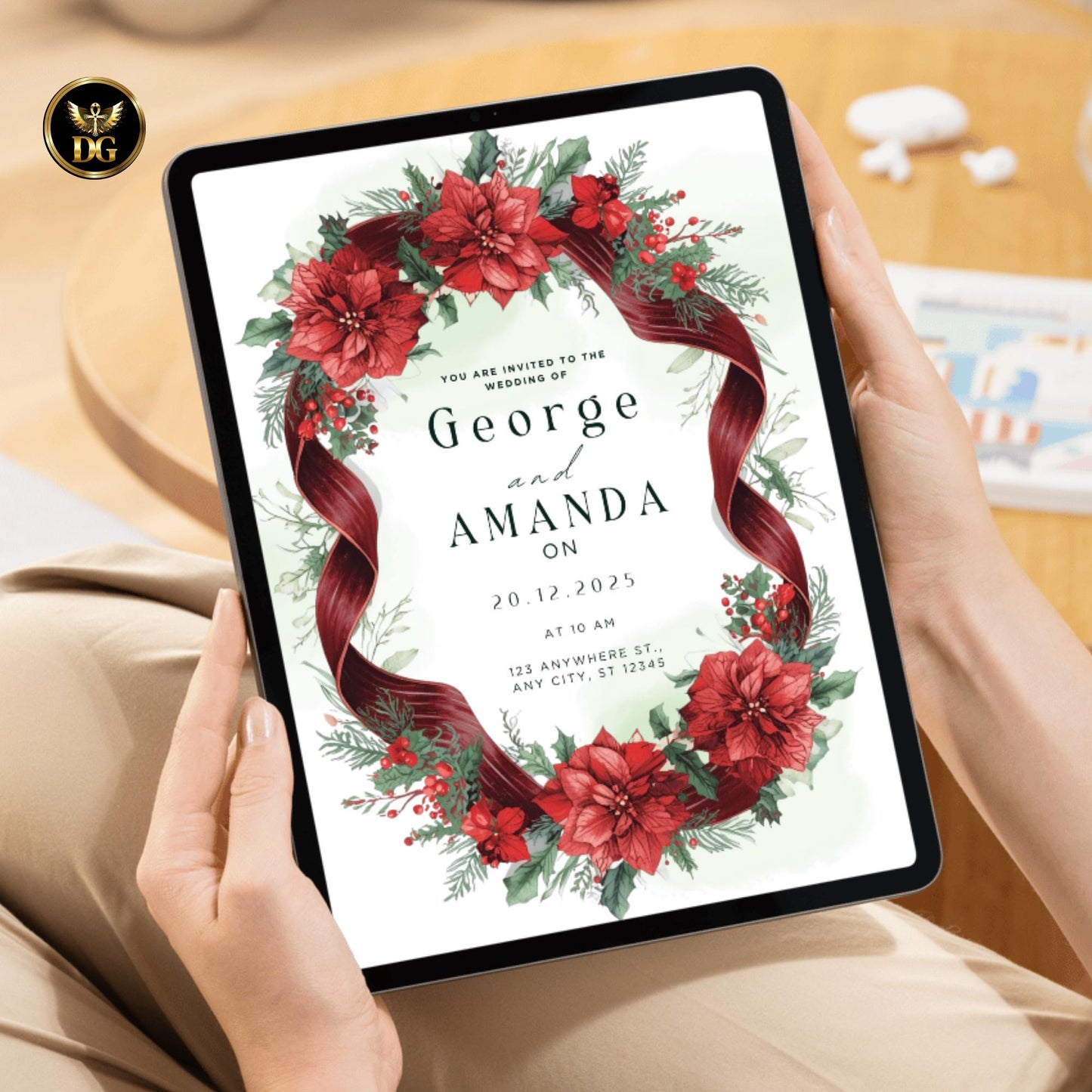 Festive Poinsettia Christmas Wedding Invitation Bundle – Editable 3-Card Suite with RSVP, Details, and Red Floral Gold Frame