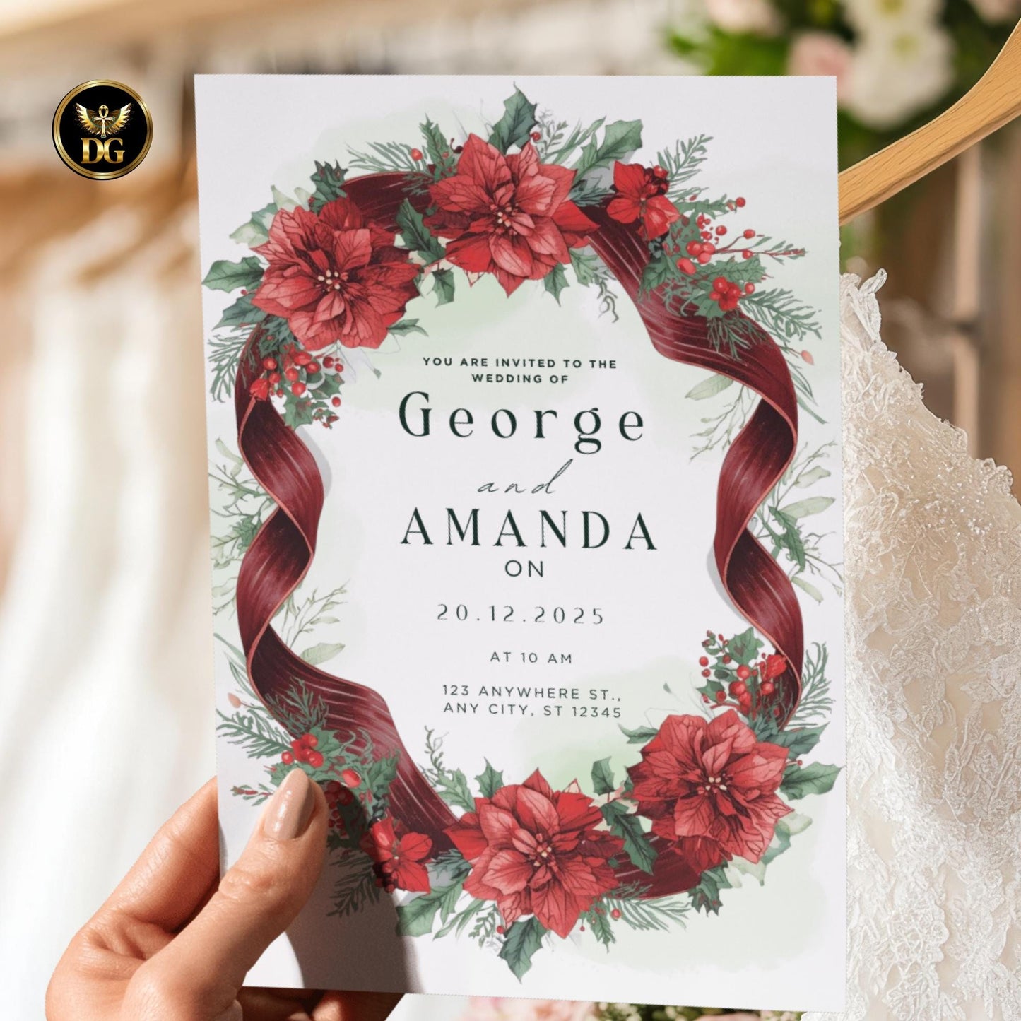 Festive Poinsettia Christmas Wedding Invitation Bundle – Editable 3-Card Suite with RSVP, Details, and Red Floral Gold Frame