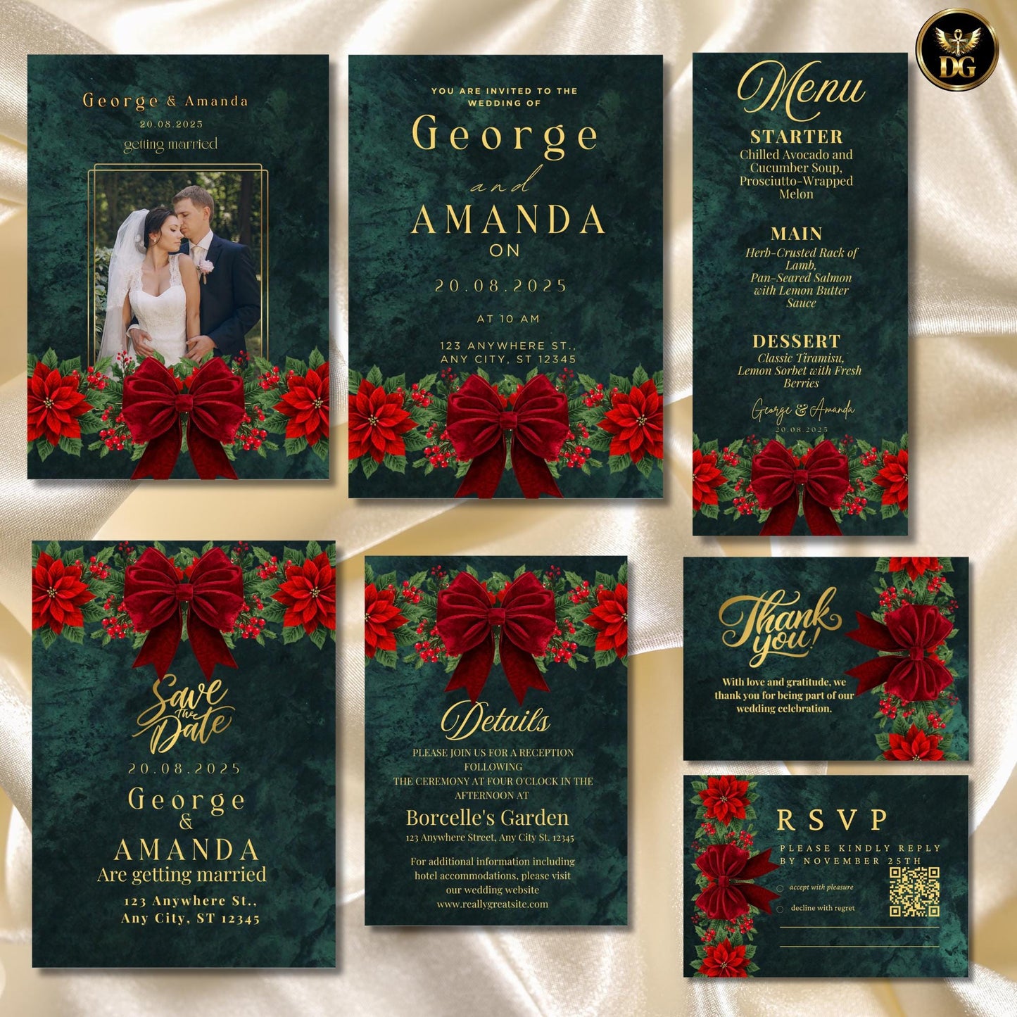 Christmas Wedding Invitation Bundle - Emerald Velvet Poinsettia, Save the Date, RSVP, Details, Menu, Thank You, Bride & Groom Cards