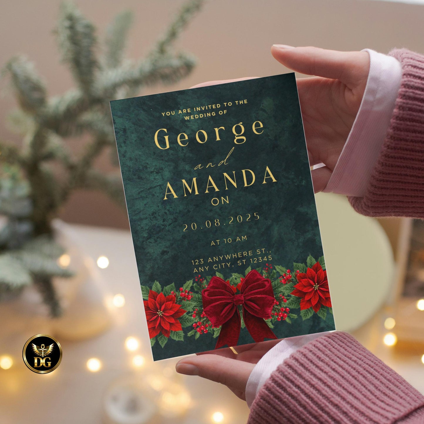 Christmas Wedding Invitation Bundle - Emerald Velvet Poinsettia, Save the Date, RSVP, Details, Menu, Thank You, Bride & Groom Cards