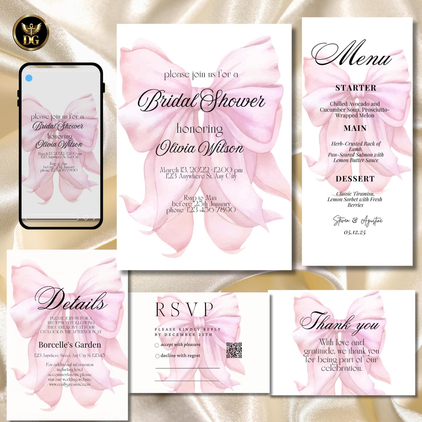 Elegant Pink Bow Bridal Shower BUNDLE | Invitation, Details, Menu, RSVP, Thank You Cards + Digital File | Editable Canva Template