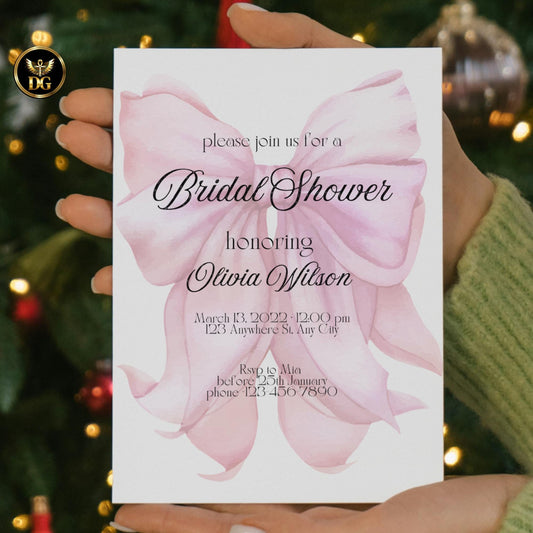 Elegant Pink Bow Bridal Shower BUNDLE | Invitation, Details, Menu, RSVP, Thank You Cards + Digital File | Editable Canva Template