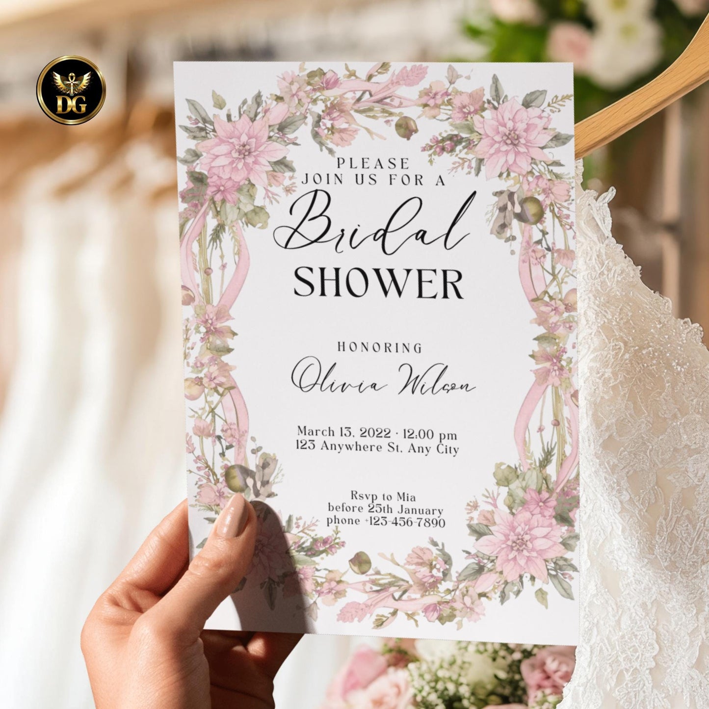 Pink Christmas Floral BridalShower Invitation Template Editable Canva Invite Suite with RSVP Details Card Instant Download Printable Wedding