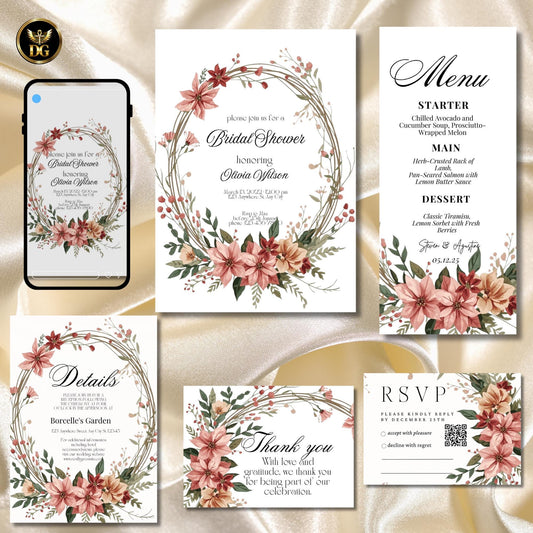 Elegant Christmas Florals Bridal Shower BUNDLE | Floral Wreath Invitation, Details, Menu, RSVP, Thank You Cards + Digital | Canva Template