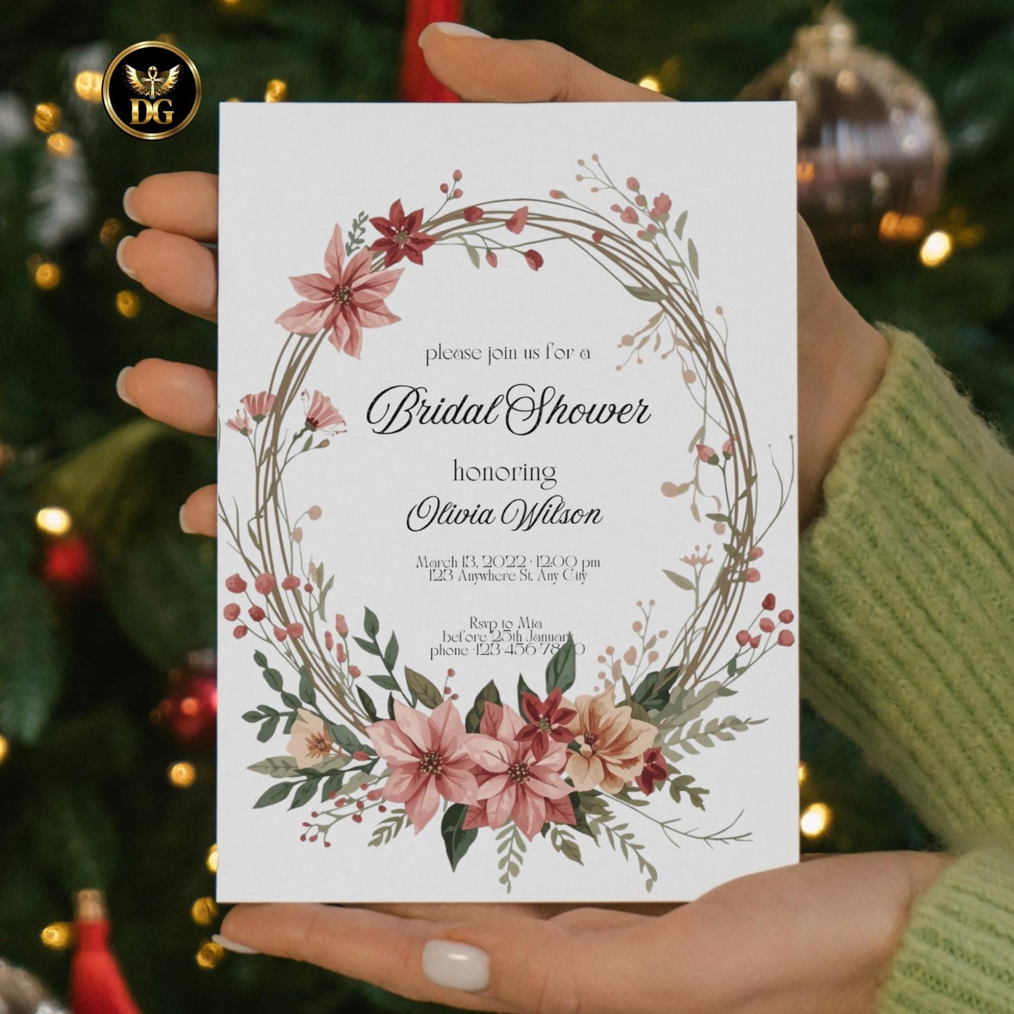 Elegant Christmas Florals Bridal Shower BUNDLE | Floral Wreath Invitation, Details, Menu, RSVP, Thank You Cards + Digital | Canva Template