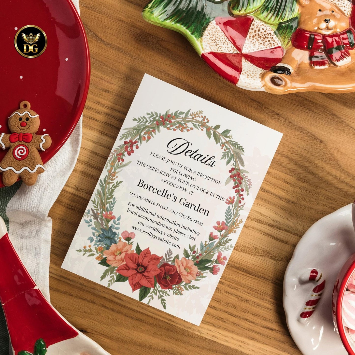 Christmas Wedding Invitation Bundle, Cream Gold Editable Canva Template with RSVP, Menu, Save Date, 7 Cards Instant Download