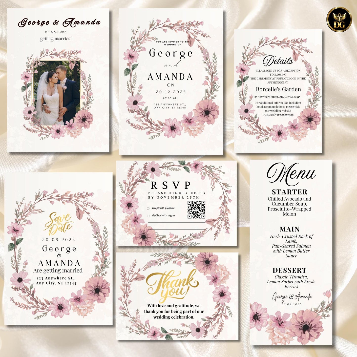 Pink Floral Boho Wedding Invitation Bundle, Cream Gold Editable Canva Template with RSVP, Menu, Save Date, 7 Cards Instant Download