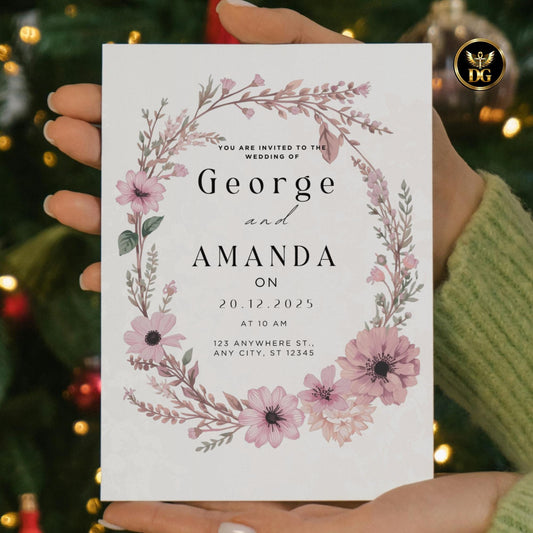 Pink Floral Boho Wedding Invitation Bundle, Cream Gold Editable Canva Template with RSVP, Menu, Save Date, 7 Cards Instant Download